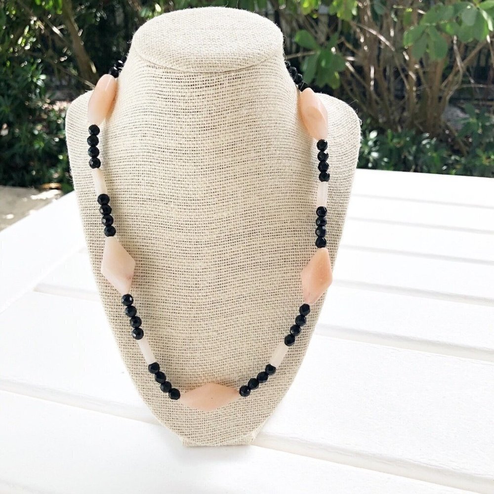 NWT Genuine Sunstone & Black Crystal Beads Beaded Necklace Pink